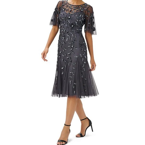 Adrianna Papell Jewel Neck Short Flutter Sleeve Floral Beaded Sheath Midi Dress - Picture 1 of 16